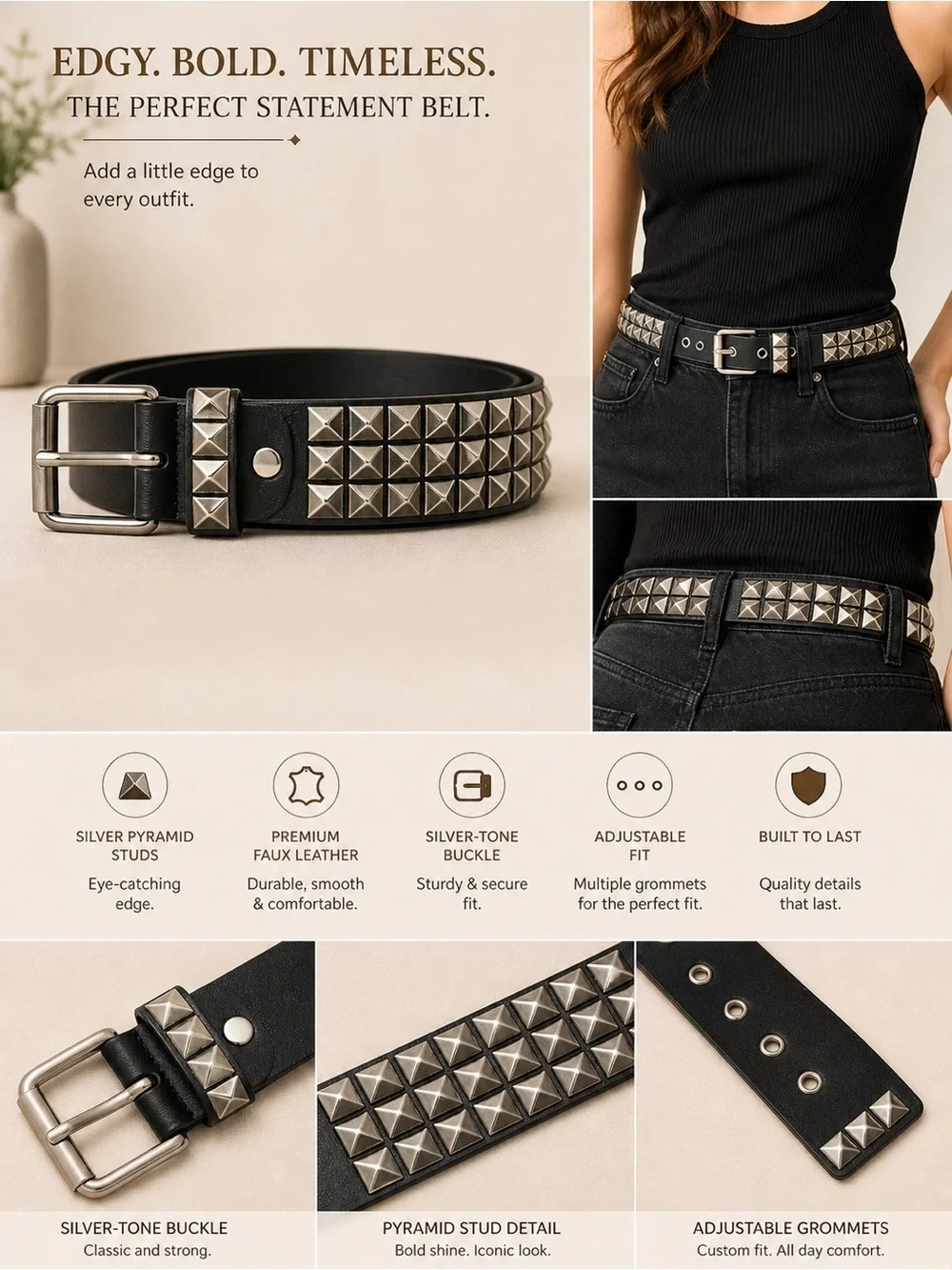 Black Studded Pyramid Leather Belt XS
